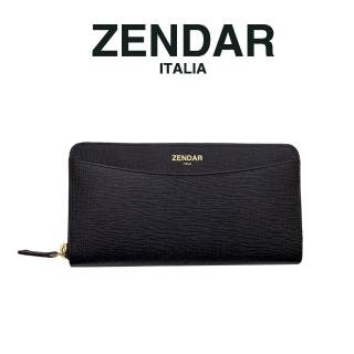 【ZENDAR】臺灣總代理 限量1折 頂級小牛皮十字紋拉鍊長夾 馬蒂娜系列 全新專櫃展示品(黑色 送禮盒提袋)