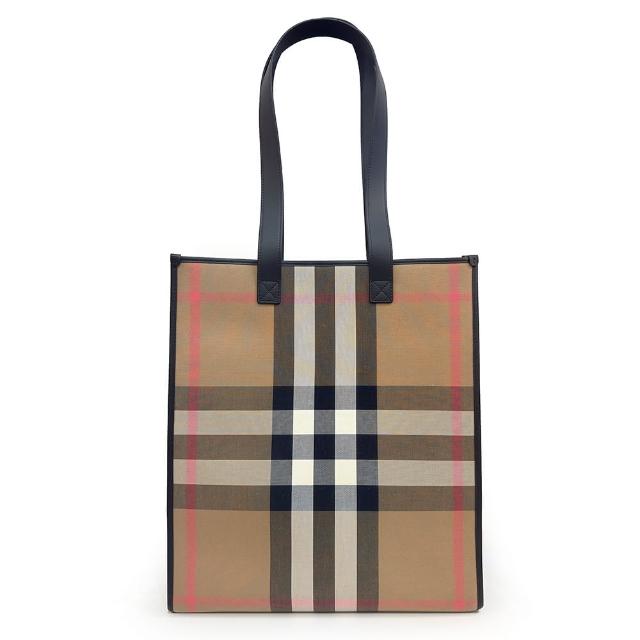 【BURBERRY 巴寶莉】80845511 經典格紋帆布手提肩背大托特包(棕色)