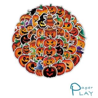 【Paper Play】創意多用途防水貼紙-邪惡萬聖節南瓜頭塗鴉 60枚入(防水貼紙 行李箱貼紙 手機貼紙 水壺貼紙)
