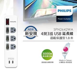 【Philips 飛利浦】SPN2642WA/96 USB快充3.4A 4開3座延長線