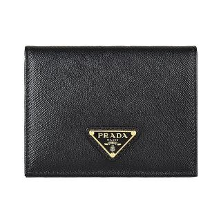【PRADA 普拉達】PRADA SAFFIANO TRIANG燙金三角LOGO防刮牛皮4卡扣式對折短夾(黑)
