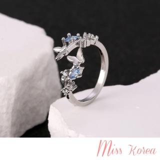 【MISS KOREA】韓國設計浪漫藍鑽蝴蝶造型開口戒 戒指(藍鑽戒指 蝴蝶戒指)