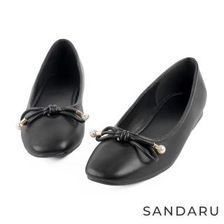 【SANDARU 山打努】娃娃鞋 真皮珍珠鑽蝴蝶結平底鞋(黑)