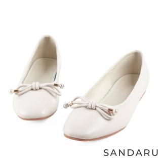 【SANDARU 山打努】娃娃鞋 真皮珍珠鑽蝴蝶結平底鞋(白)
