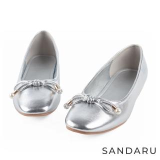 【SANDARU 山打努】娃娃鞋 真皮珍珠鑽蝴蝶結平底鞋(銀)