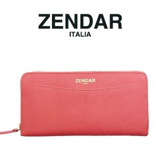 【ZENDAR】臺灣總代理 限量1折 頂級小牛皮十字紋拉鍊長夾 馬蒂娜系列 全新專櫃展示品(粉紅色 送禮盒提袋)