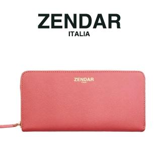 【ZENDAR】臺灣總代理 限量1折 頂級小牛皮十字紋拉鍊長夾 卡門系列 全新專櫃展示品(粉紅色 送禮盒提袋)
