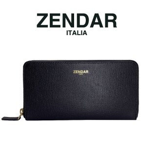【ZENDAR】臺灣總代理 限量1折 頂級小牛皮十字紋拉鍊長夾 卡門系列 全新專櫃展示品(黑色 贈禮盒提袋)
