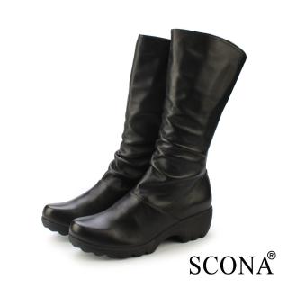 【SCONA 蘇格南】真皮 時尚率性抓皺反摺長靴(黑色 8822-1)