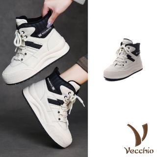 【Vecchio】真皮休閒鞋 厚底休閒鞋/真皮撞色拼接保暖絨裡厚底繫帶高筒休閒鞋(白黑)