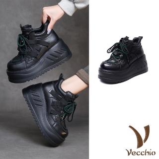 【Vecchio】真皮休閒鞋 厚底休閒鞋/真皮頭層牛皮保暖絨裡復古輕量鬆糕厚底休閒鞋(黑)