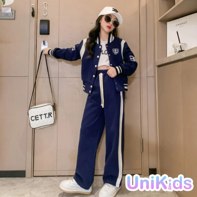 UniKids 現貨 中大童160碼2件套裝長袖棒球服外套闊腿運動長褲 女大童裝 CVXC715(藏青春秋)