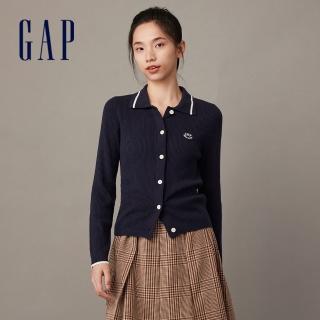 【GAP】女裝 Logo翻領長袖針織外套-海軍藍(891718)