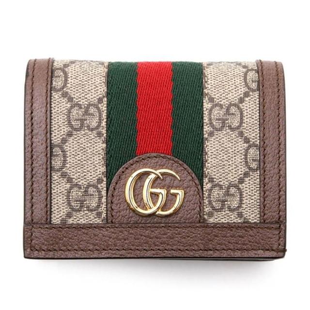 【GUCCI 古馳】523155 經典Ophidia系列帆布牛皮飾邊暗釦零錢短夾(棕色)