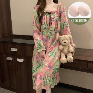 【K.W.】現貨韓國粉式熱情長袖棉紗法式居家休閒洋裝(共1色)