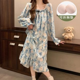 【K.W.】現貨韓國藍白花長袖棉紗法式居家休閒洋裝(共1色)