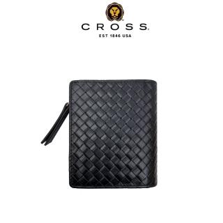 【CROSS】臺灣總經銷 限量2折 頂級小牛皮編織紋拉鍊短夾 全新專櫃展示品(黑色 贈禮盒提袋)