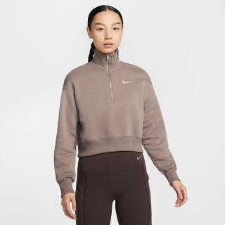 【NIKE 耐吉】長袖上衣 女 短版 寬鬆版型 磨毛 AS W NSW PHNX FLC QZ CROP 棕 DQ5768-233(3S4202)