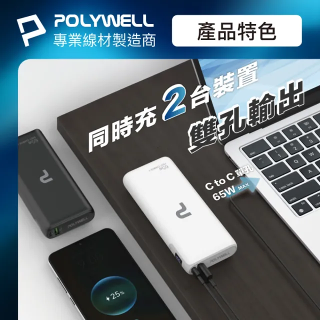 【POLYWELL】DL202P 19200mAh 65W大功率行動電源 2孔輸出(USB-A/Type-C充電)