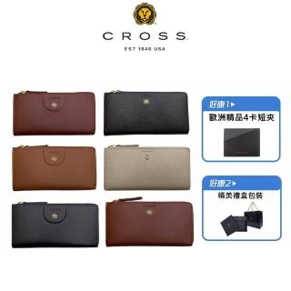 【CROSS】限量1折 頂級小牛皮超薄型L形拉鍊長夾 全新專櫃展示品(買一送一男用皮夾 母親節/送禮/現貨)