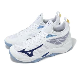 【MIZUNO 美津濃】排球鞋 Wave Dimension 男鞋 白 藍 襪套 緩衝 室內運動 羽排鞋 美津濃(V1GA2240-97)