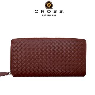 【CROSS】臺灣總經銷 限量1折 頂級小牛皮編織紋拉鍊長夾 海倫系列 全新專櫃展示品(白蘭地色 送禮盒提袋)