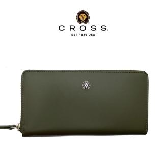 【CROSS】臺灣總經銷 限量1折 頂級小牛皮維納斯系列拉鍊長夾 全新專櫃展示品(墨綠色 送禮盒提袋)