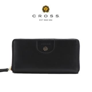 【CROSS】臺灣總經銷 限量1折 頂級小牛皮拉鍊長夾 安娜系列 全新專櫃展示品(黑色 送禮盒提袋)