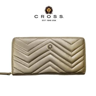 【CROSS】臺灣總經銷 限量1折 頂級小牛皮山形拉鍊長夾 全新專櫃展示品(鉑金色 送禮盒提袋)