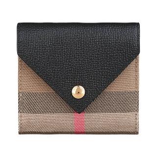 【BURBERRY 巴寶莉】BURBERRY LILA圓形金屬壓印LOGO格紋設計棉質帆布拼牛皮4卡三折短夾(經典米x黑)