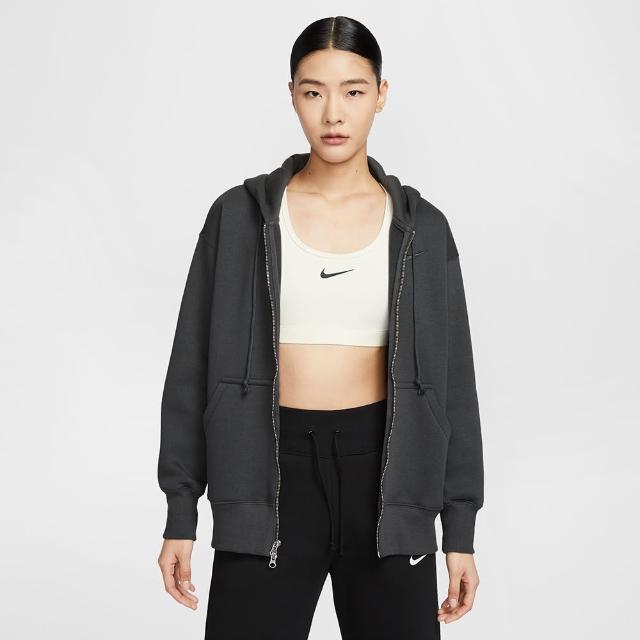 【NIKE 耐吉】外套 女 運動連帽外套 寬鬆版型 磨毛 AS W NSW PHNX FLC FZ OS HOODIE 灰黑 DQ5759-060