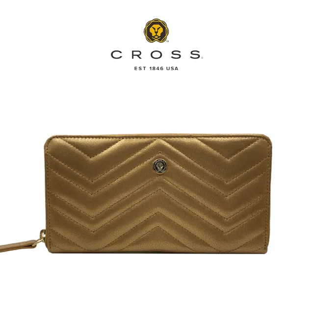 【CROSS】限量1折 頂級小牛皮山形紋拉鍊長夾 全新專櫃展示品(發財金 送禮盒提袋)