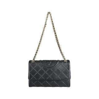 【TORY BURCH】TORY BURCH Fleming圓形浮雕LOGO小牛皮菱格紋翻蓋磁釦式斜背/肩揹包(中/黑)