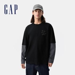 【GAP】男裝 Logo純棉刺繡印花假兩件圓領長袖T恤 水洗棉系列-黑色(723825)