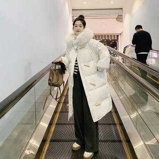 【米蘭精品】現貨+預購 真羽絨90%鴨絨羽絨外套羽絨衣長版連帽大衣(真狐狸毛領牛角保暖女夾克3色74ip47)