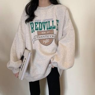 【D.studio】韓版寬鬆印花字母內刷毛大學T(長袖上衣 女裝 衣服 長袖t恤 保暖上衣 冬天女裝 秋冬女裝 W573)