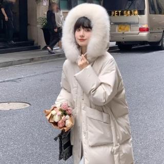 【米蘭精品】現貨+預購 真羽絨90%鴨絨羽絨外套羽絨衣長版連帽大衣(真狐狸毛領保暖耐穿女夾克2色74ip57)