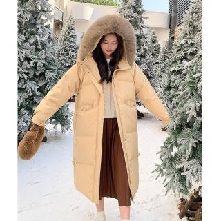 【米蘭精品】現貨+預購 真羽絨90%鴨絨羽絨外套羽絨衣長版連帽大衣(真狐狸毛領軟糯保暖女夾克3色74ip58)