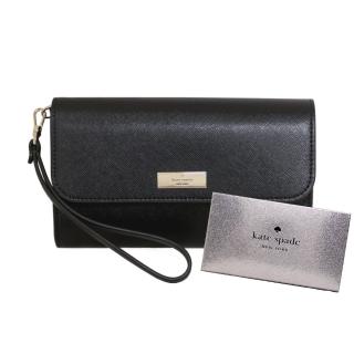 【KATE SPADE】KENZIE禮盒版立體金標防刮紋皮革翻蓋長夾 手拿包(經典黑)