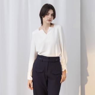【MASTINA】造型V領厚雪紡長袖襯衫(白 綠/魅力商品)