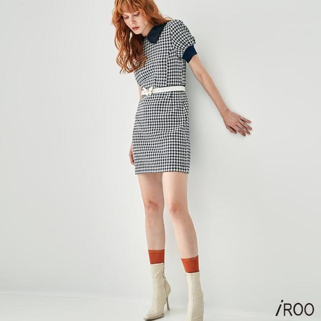 【iROO】棋盤藍格紋短洋裝