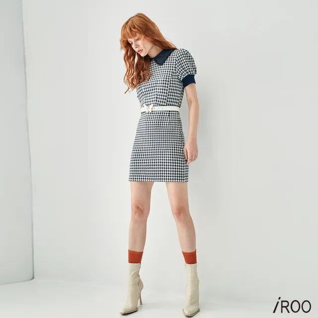 【iROO】棋盤藍格紋短洋裝