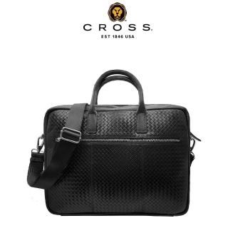 【CROSS】臺灣總經銷 限量1折 頂級小牛皮編織紋手柄拉鍊手提/斜背公事包 全新專櫃展示品(14吋 黑色)