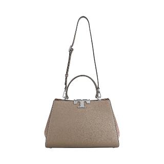 【TORY BURCH】TORY BURCH Eleanor復古銀T字LOGO牛皮磁釦式手提/肩背梯形包(中/磨菇灰褐)