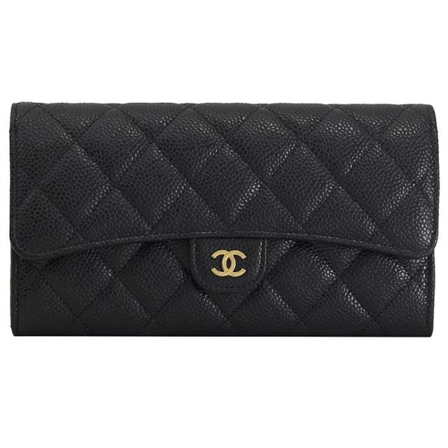 【CHANEL 香奈兒】經典雙C LOGO菱格紋荔枝皮扣式零錢發財長夾(黑)