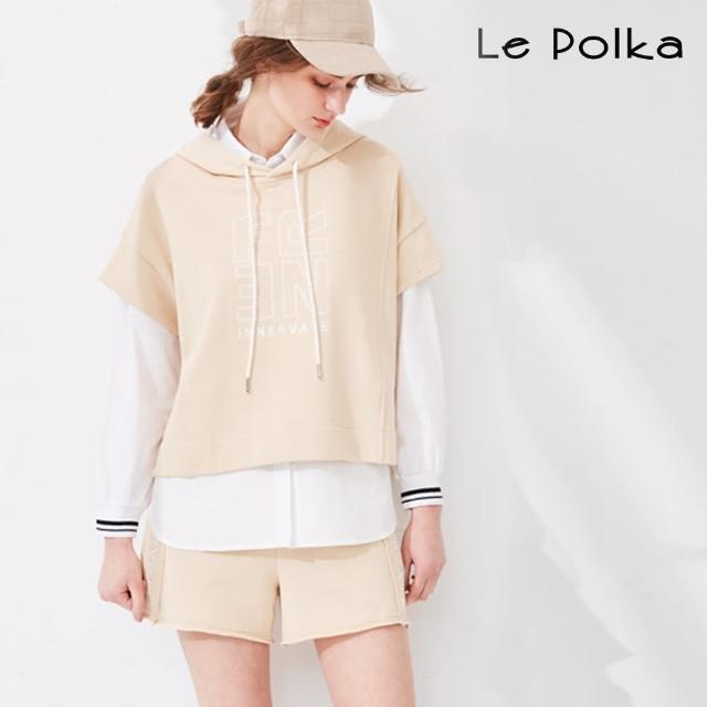 【Le Polka】文字繡花短袖連帽上衣-女