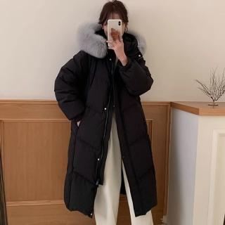 【米蘭精品】現貨+預購 真羽絨90%鴨絨羽絨外套羽絨衣長版連帽大衣(真狐狸毛領保暖修身女夾克4色74ip44)
