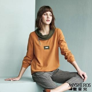 【MYSHEROS 蜜雪兒】造型上衣 交疊拉鍊裝飾翻領 撞色字母牌飾(橙)