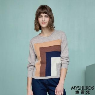 【MYSHEROS 蜜雪兒】美麗諾羊毛針織上衣 捲邊圓領設計 拼色方格造型(芋)