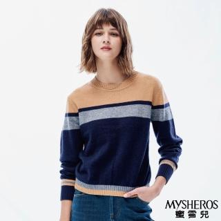 【MYSHEROS 蜜雪兒】美麗諾羊毛混紡造型針織上衣 撞色橫條設計(深藍)